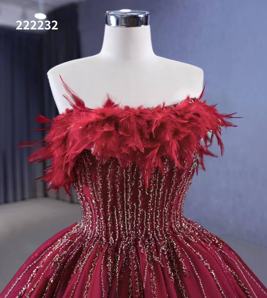 Dark Red Beaded Feather Ball Gown Wedding Dreses Plus Size Princess Dress 222232-Quinceanera Dresses 2025 -Viniodress-Burgundy-Custom Size-