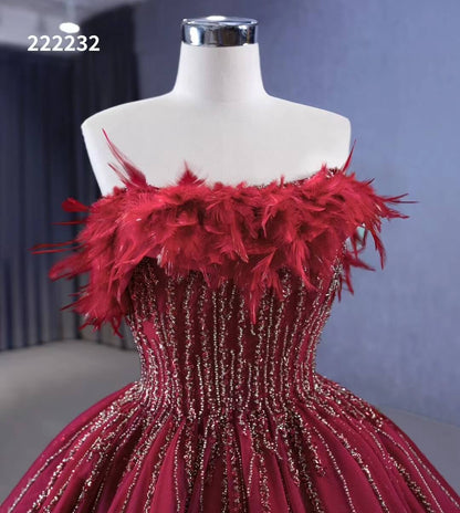 Dark Red Beaded Feather Ball Gown Wedding Dreses Plus Size Princess Dress 222232-Quinceanera Dresses 2025 -Viniodress-Burgundy-Custom Size-