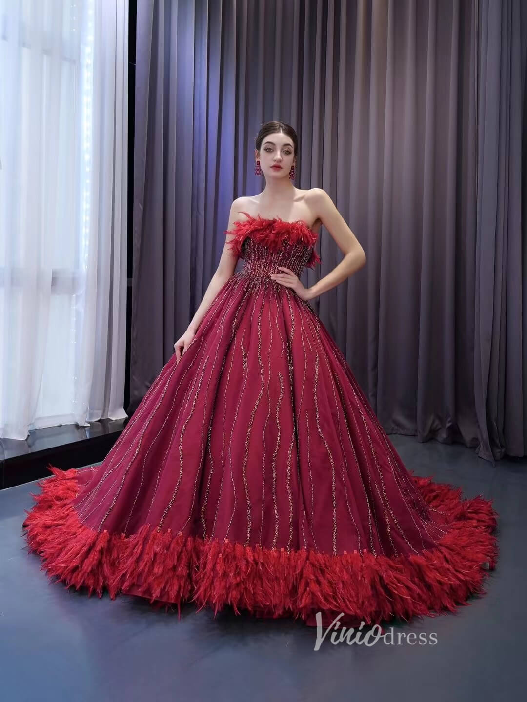 Dark Red Beaded Feather Ball Gown Wedding Dreses Plus Size Princess Dress 222232-Quinceanera Dresses 2025 -Viniodress-Burgundy-Custom Size-