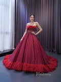 Dark Red Beaded Feather Ball Gown Wedding Dreses Plus Size Princess Dress 222232