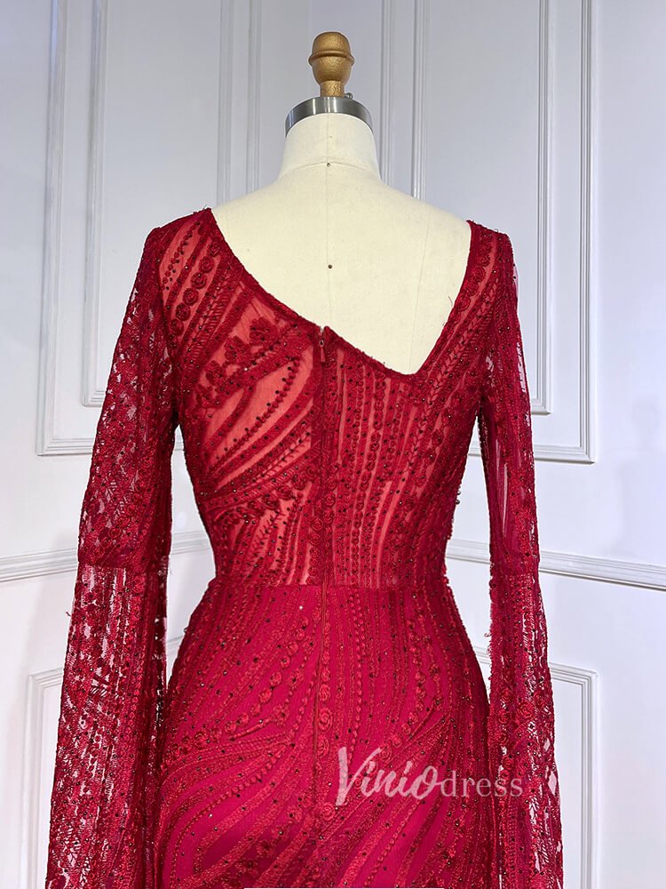 Dark Red Beaded Lace Prom Dresses Extra Long Sleeve Formal Pageant Dre –  Viniodress
