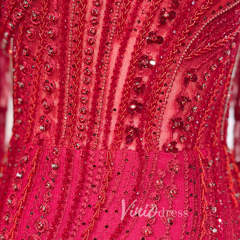 Prom Dress 2025 Dark Red Beaded Lace Prom Dresses Extra Long Sleeve Formal Pageant Dress 20026-unique prom dresses-Red-US 2-Viniodress