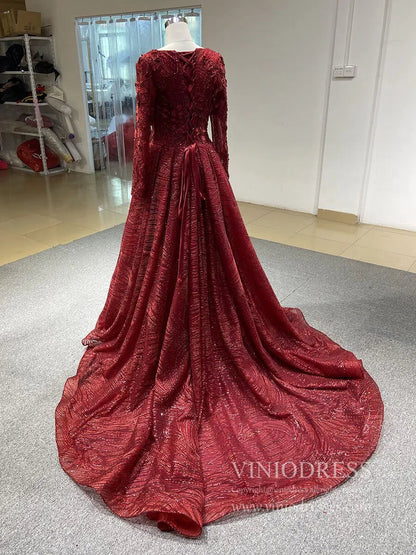 Dark Red Floral Sheath Prom Dresses with Overskirt FD1089-prom dresses 2025 -Viniodress-Rose Red-US 2-