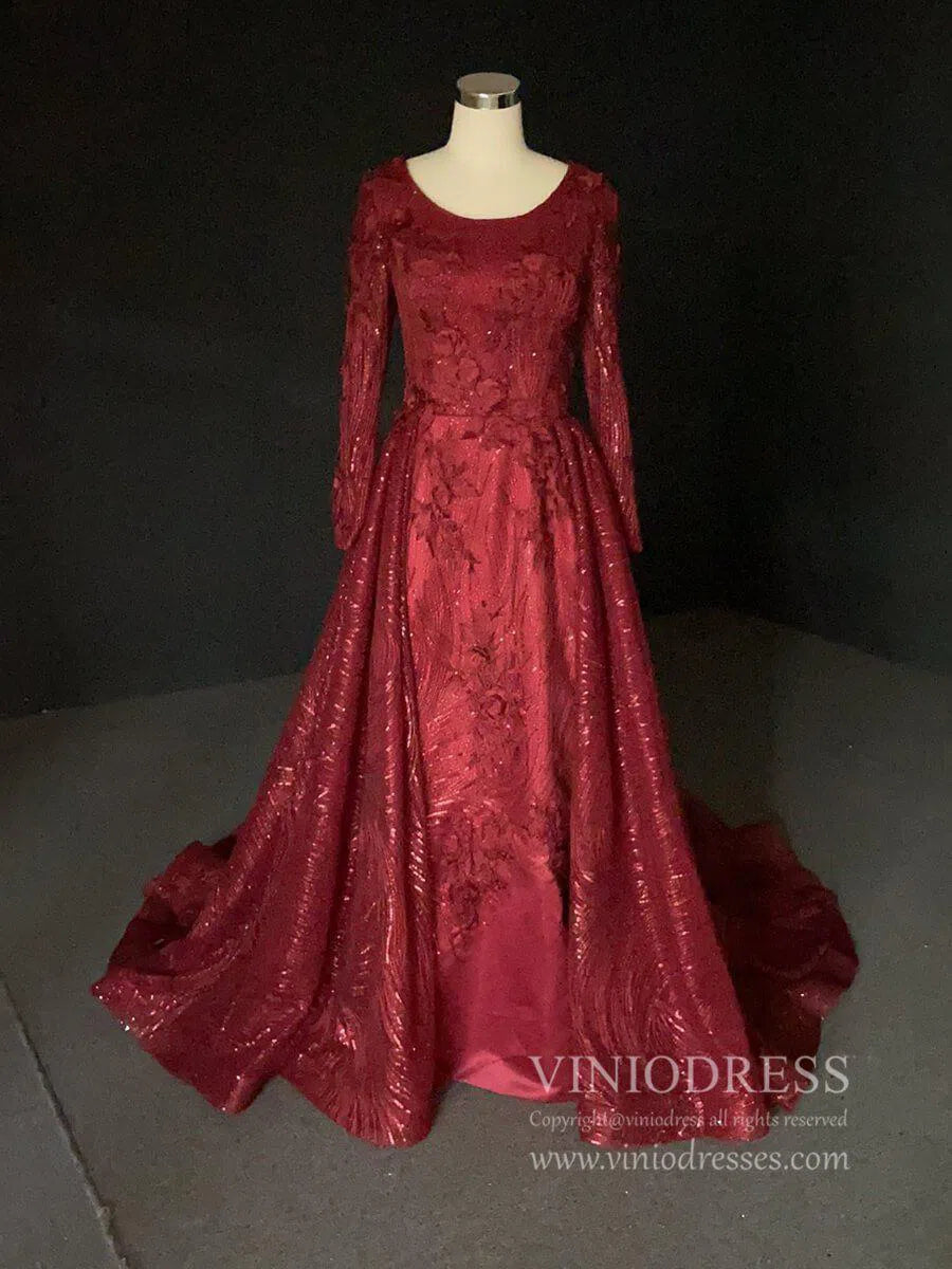 Dark Red Floral Sheath Prom Dresses with Overskirt FD1089-prom dresses 2025 -Viniodress-Rose Red-US 2-