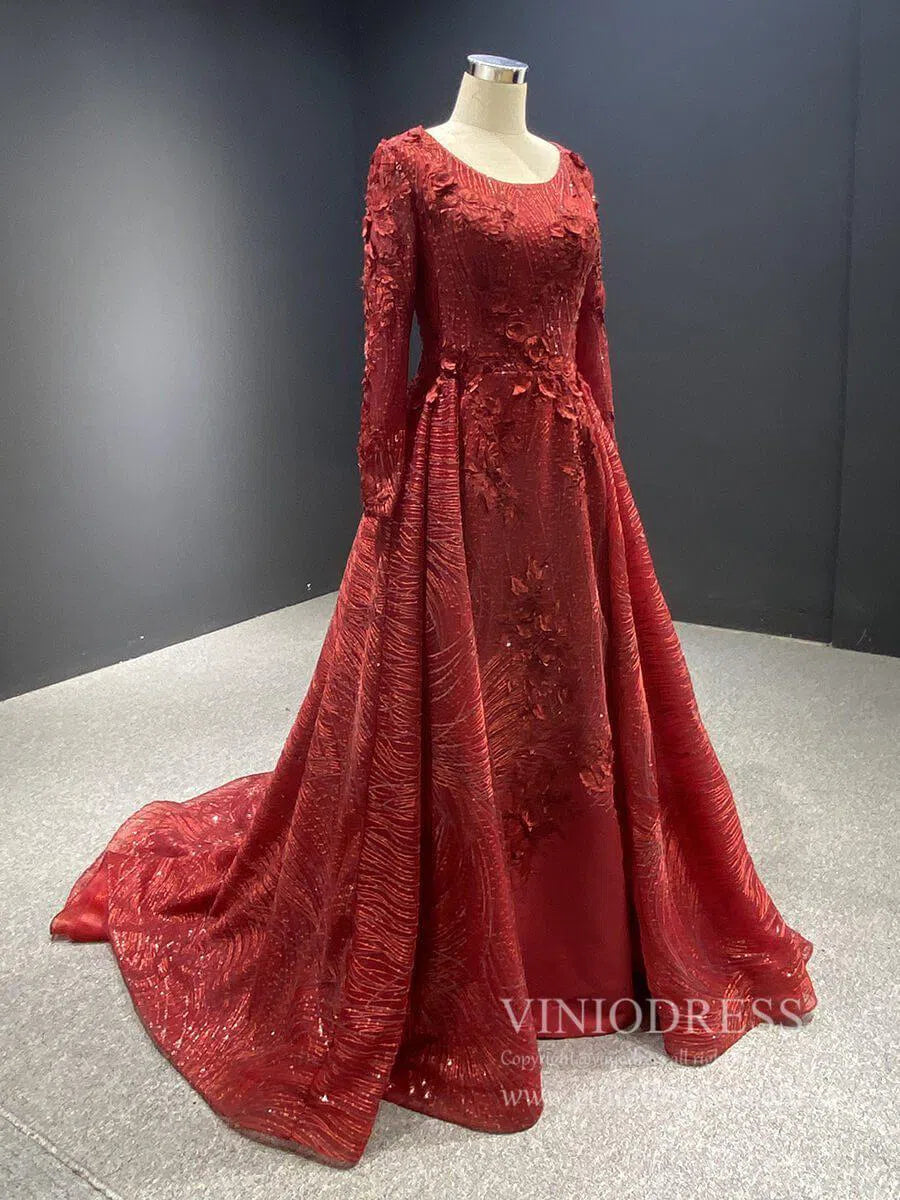 Dark Red Floral Sheath Prom Dresses with Overskirt FD1089-prom dresses 2025 -Viniodress-Rose Red-US 2-