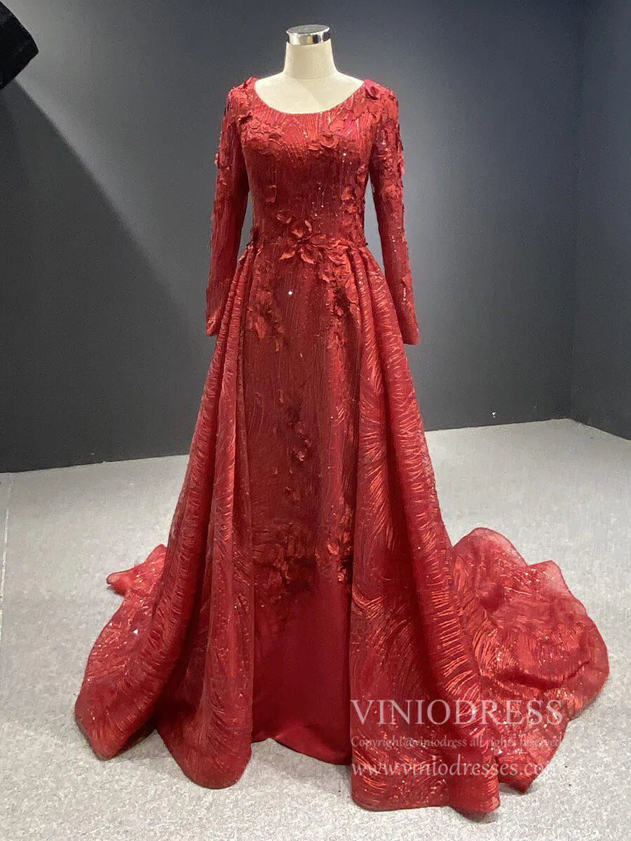 Dark Red Floral Sheath Prom Dresses with Overskirt FD1089-prom dresses 2025 -Viniodress-Rose Red-US 2-
