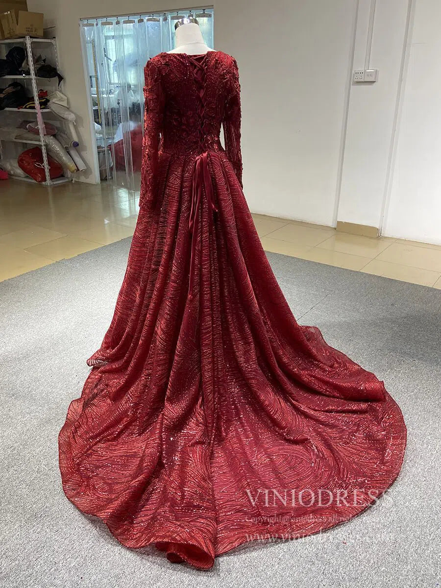 Dark Red Floral Sheath Prom Dresses with Overskirt FD1089-prom dresses-Viniodress-Viniodress