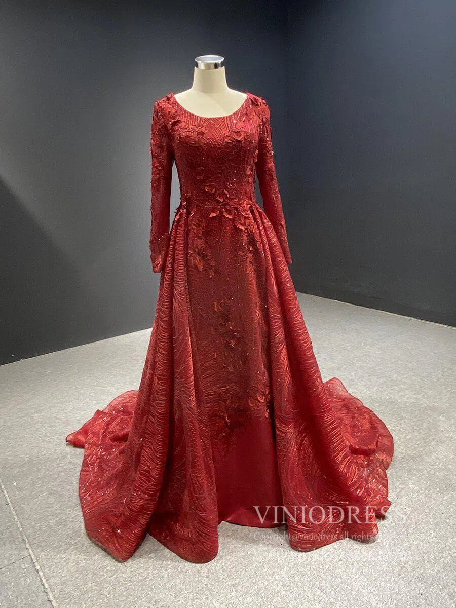 Dark Red Floral Sheath Prom Dresses with Overskirt FD1089-prom dresses-Viniodress-Viniodress