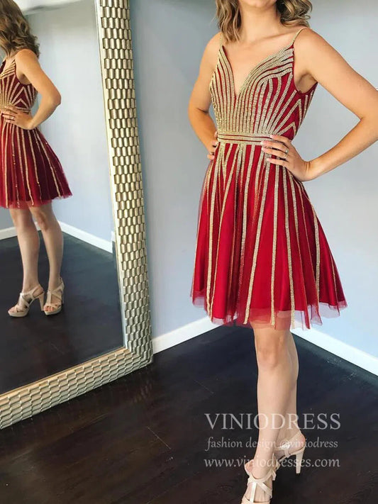 Short Prom Dresses 2025 Dark Red Homecoming Dresses Gold Beaded Party Dress with Straps SD1231-homecoming dresses-Viniodress-Rose Red-Custom Size-Viniodress