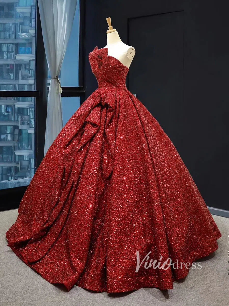 Dark Red Long Prom Dresses One Shoulder Quinceañera Dress FD1277 viniodress-prom dresses 2025 -Viniodress-Rose Red-US 2-