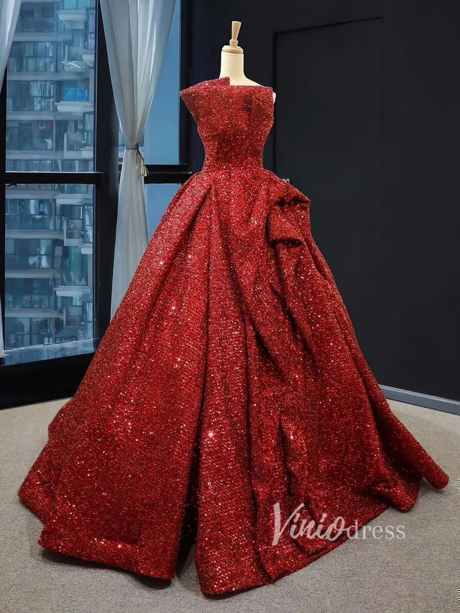 Dark Red Long Prom Dresses One Shoulder Quinceañera Dress FD1277 viniodress-prom dresses 2025 -Viniodress-Rose Red-US 2-