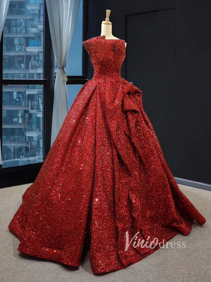 Dark Red Long Prom Dresses One Shoulder Quinceañera Dress FD1277 viniodress-prom dresses 2025 -Viniodress-Rose Red-US 2-