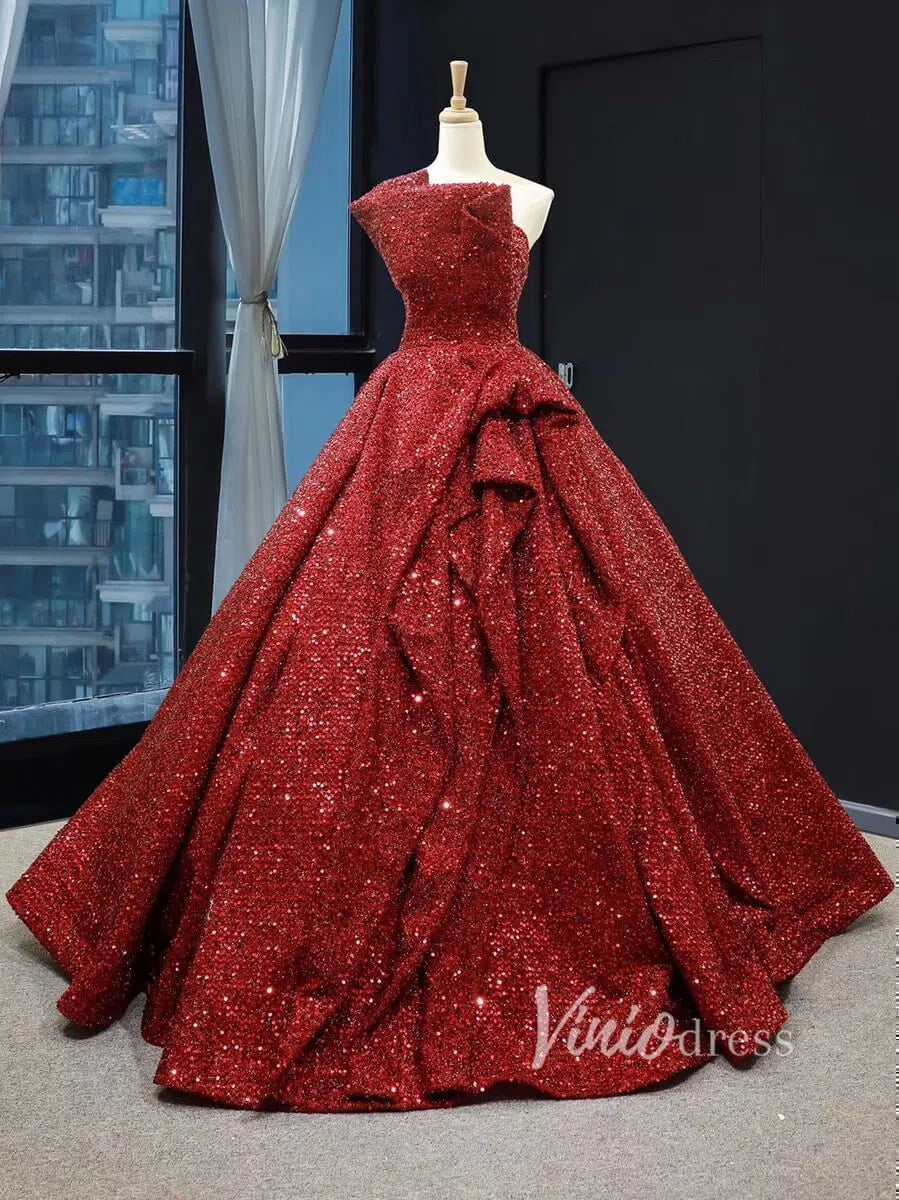 Dark Red Long Prom Dresses One Shoulder Quinceañera Dress FD1277 viniodress-prom dresses 2025 -Viniodress-Rose Red-US 2-
