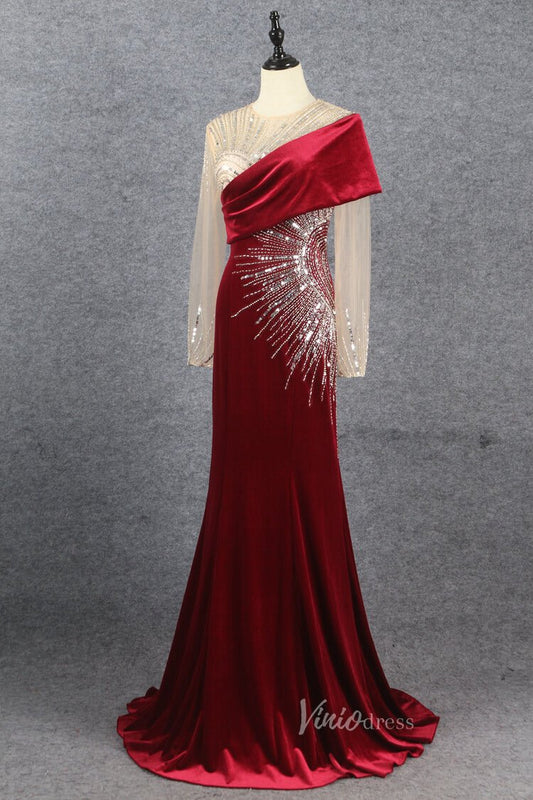 Dark Red Long Sleeve Prom Dress Beaded Velvet Evening Dress FD2608-Evening Dresses 2025 -VINIODRESS-Burgundy-US2-