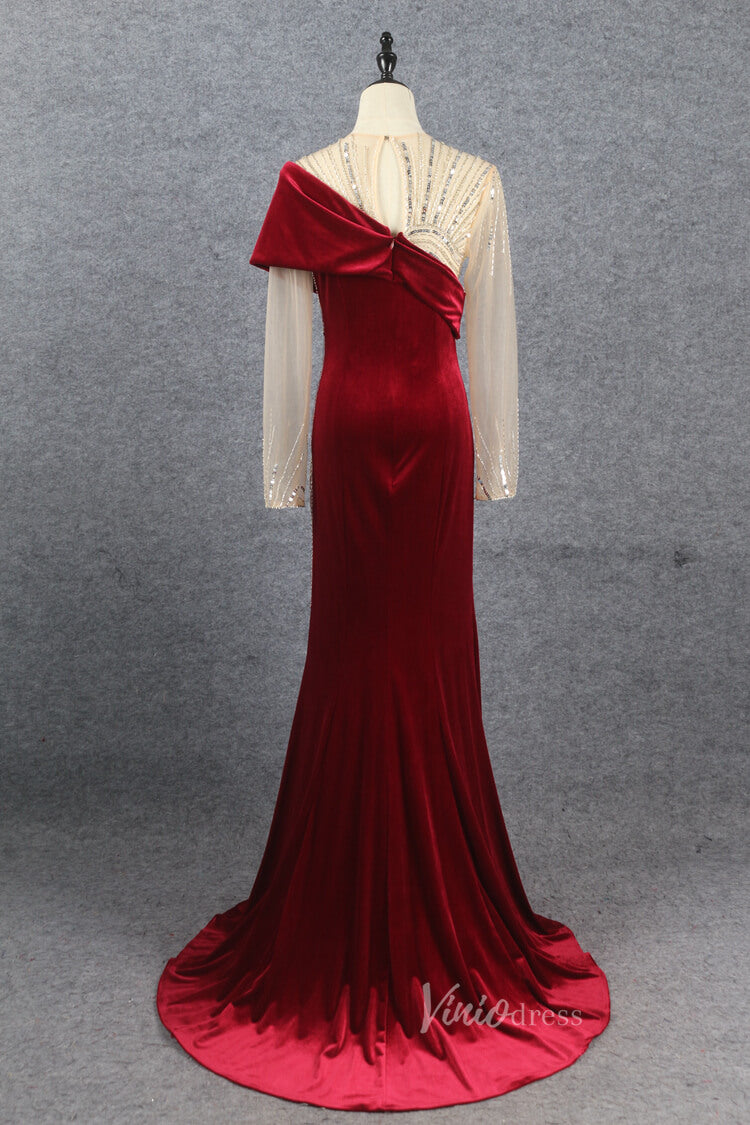 Prom Dress 2025 Dark Red Long Sleeve Prom Dress Beaded Velvet Evening Dress FD2608-unique Prom Dresses-Burgundy-US2-Viniodress