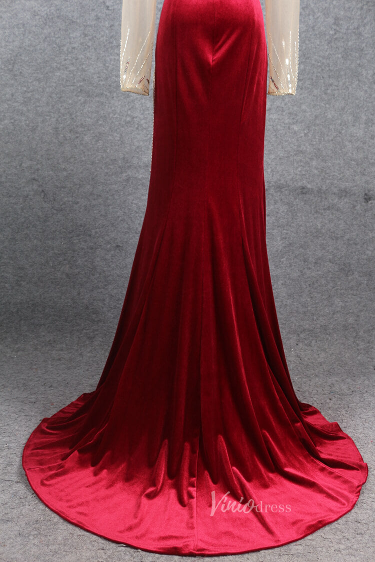 Prom Dress 2025 Dark Red Long Sleeve Prom Dress Beaded Velvet Evening Dress FD2608-unique Prom Dresses-Burgundy-US2-Viniodress