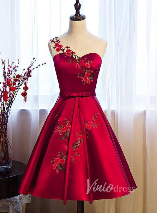 Dark Red Satin Floral Homecoming Dress with Pockets SD1271-Homecoming Dresses 2025 -Viniodress-Dark Red-Custom Size-