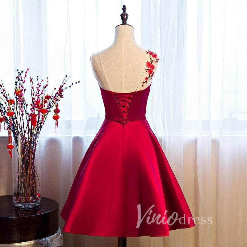 Dark Red Satin Floral Homecoming Dress with Pockets SD1271-Homecoming Dresses 2025 -Viniodress-Dark Red-Custom Size-