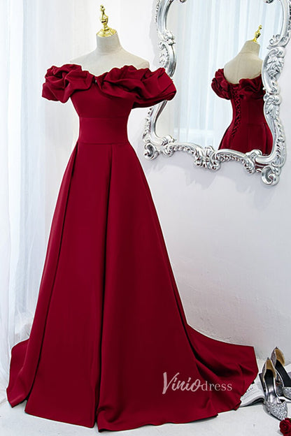 Dark Red Satin Off Shoulder Long Prom Dresses with Pockets FD2628-prom dresses 2025 -Viniodress-Dark Red-Custom Size-