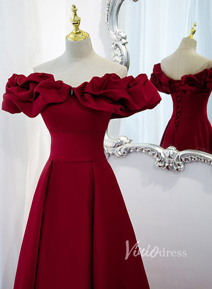 Dark Red Satin Off Shoulder Long Prom Dresses with Pockets FD2628-prom dresses 2025 -Viniodress-Dark Red-Custom Size-