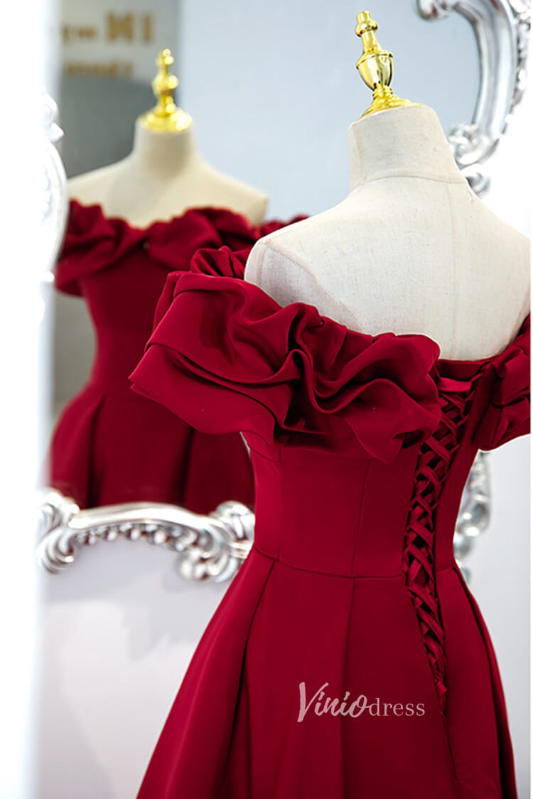 Dark Red Satin Off Shoulder Long Prom Dresses with Pockets FD2628-prom dresses 2025 -Viniodress-Dark Red-Custom Size-