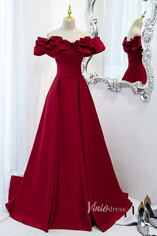 Dark Red Satin Off Shoulder Long Prom Dresses with Pockets FD2628-prom dresses 2025 -Viniodress-Dark Red-Custom Size-