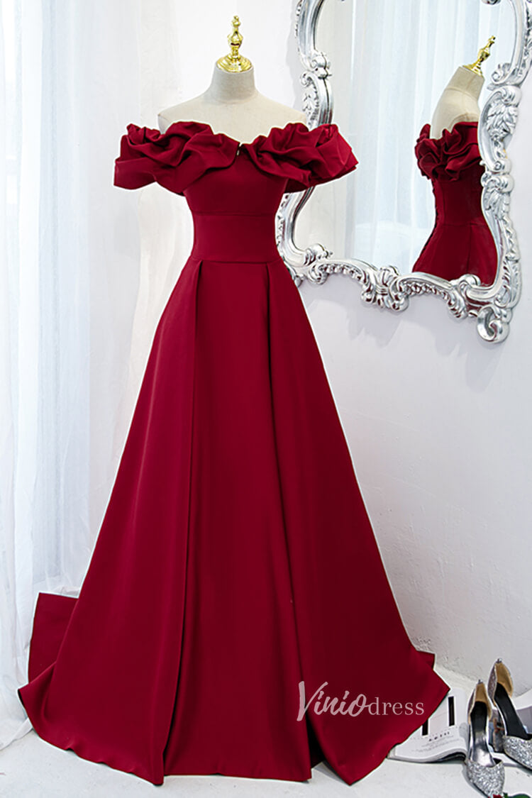 Prom Dress 2025 Dark Red Satin Off Shoulder Long Prom Dresses with Pockets FD2628-unique prom dresses-Dark Red-Custom Size-Viniodress