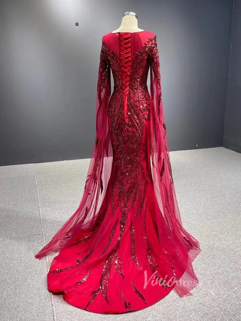 Dark Red Sequin Prom Dress Extra Long Sleeve Mermaid Pageant Dress 67383-prom dresses 2025 -Viniodress-Dark Red-Custom Size-