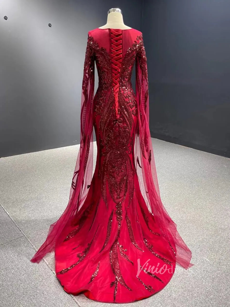 Dark Red Sequin Prom Dress Extra Long Sleeve Mermaid Pageant Dress 67383-prom dresses 2025 -Viniodress-Dark Red-Custom Size-