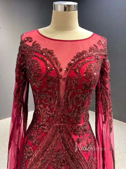 Dark Red Sequin Prom Dress Extra Long Sleeve Mermaid Pageant Dress 67383-prom dresses 2025 -Viniodress-Dark Red-Custom Size-