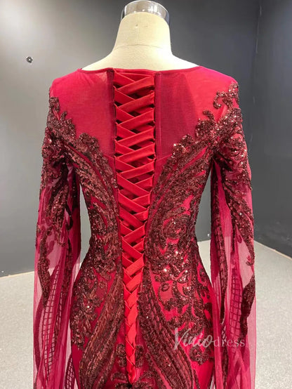 Dark Red Sequin Prom Dress Extra Long Sleeve Mermaid Pageant Dress 67383-prom dresses 2025 -Viniodress-Dark Red-Custom Size-