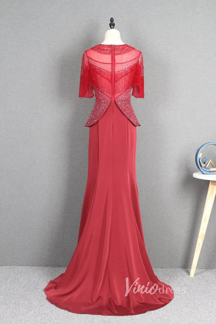 Dark Red Sheath Prom Dresses Beaded Mother of Bride Dress FD2778B-Evening Dresses 2025 -Viniodress-Dark Red-US 2-
