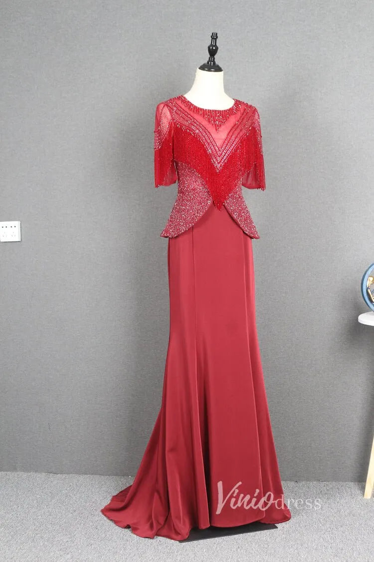 Dark Red Sheath Prom Dresses Beaded Mother of Bride Dress FD2778B-Evening Dresses 2025 -Viniodress-Dark Red-US 2-