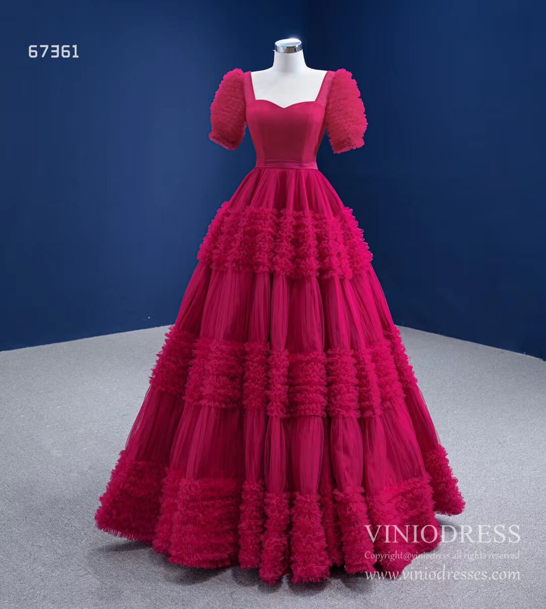 Dark Red Tulle Prom Dresses Tiered Ball Gown 67361 viniodress-prom dresses 2025 -Viniodress-Dark Red-Custom Size-