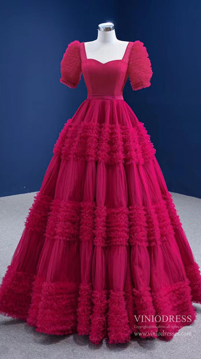 Dark Red Tulle Prom Dresses Tiered Ball Gown 67361 viniodress-prom dresses 2025 -Viniodress-Dark Red-Custom Size-