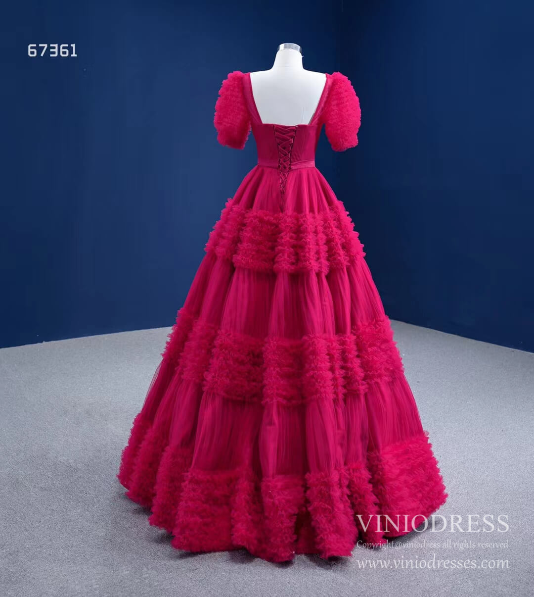 Dark Red Tulle Prom Dresses Tiered Ball Gown 67361 viniodress-prom dresses 2025 -Viniodress-Dark Red-Custom Size-