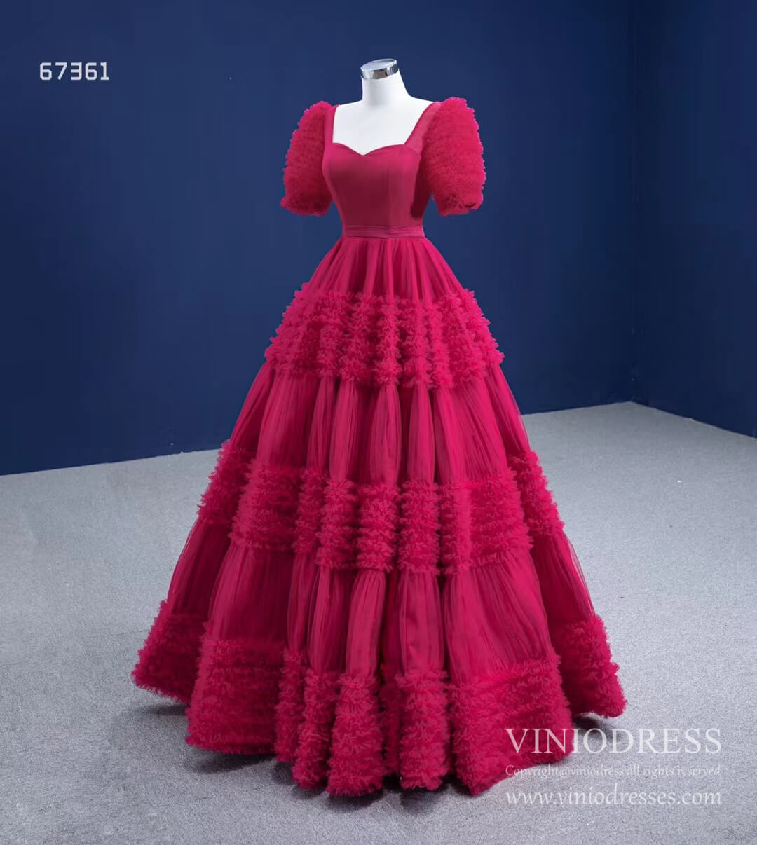 Dark Red Tulle Prom Dresses Tiered Ball Gown 67361 viniodress-prom dresses 2025 -Viniodress-Dark Red-Custom Size-