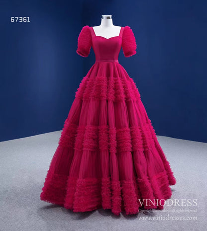 Dark Red Tulle Prom Dresses Tiered Ball Gown 67361 viniodress-prom dresses 2025 -Viniodress-Dark Red-Custom Size-