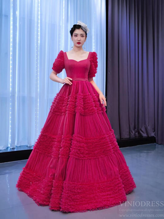 Dark Red Tulle Prom Dresses Tiered Ball Gown 67361 viniodress-prom dresses 2025 -Viniodress-Dark Red-Custom Size-
