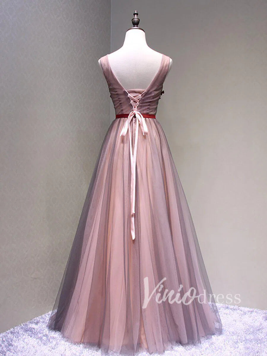 Dark Red V Neck Formal Dresses with Sash FD1516-prom dresses 2025 -Viniodress-As Picture-Custom Size-