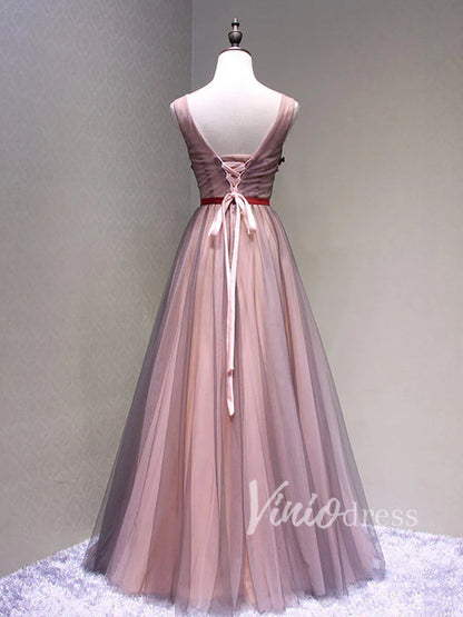 Dark Red V Neck Formal Dresses with Sash FD1516-prom dresses 2025 -Viniodress-As Picture-Custom Size-
