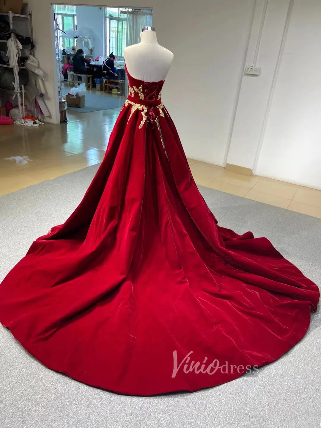 Dark RED Velvet Prom Dresses Strapless Overskirt Ball Gowns 66680-prom dresses 2025 -Viniodress-Dark Red-Custom Size-