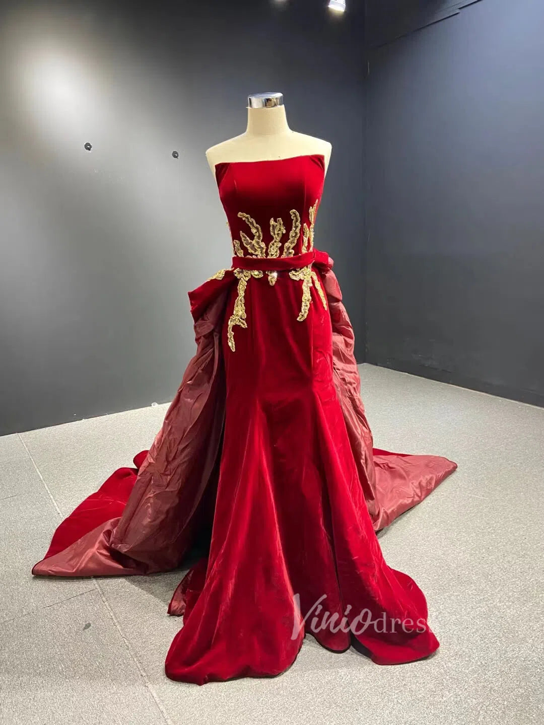 Dark RED Velvet Prom Dresses Strapless Overskirt Ball Gowns 66680-prom dresses 2025 -Viniodress-Dark Red-Custom Size-