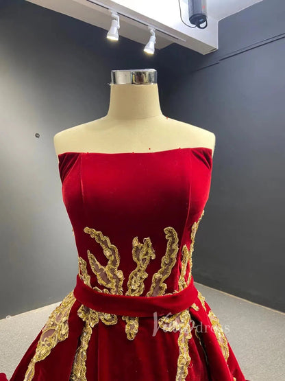 Dark RED Velvet Prom Dresses Strapless Overskirt Ball Gowns 66680-prom dresses 2025 -Viniodress-Dark Red-Custom Size-