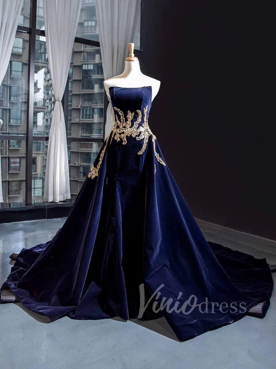 Prom Dress 2025 Dark RED Velvet Prom Dresses Strapless Overskirt Ball Gowns 66680-unique prom dresses-Navy Blue-Custom Size-Viniodress