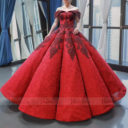Dark Red Vintage Lace Ball Gown Prom Dresses Online Princess Dress FD1272 viniodress-prom dresses 2025 -Viniodress-Rose Red-Custom Size-