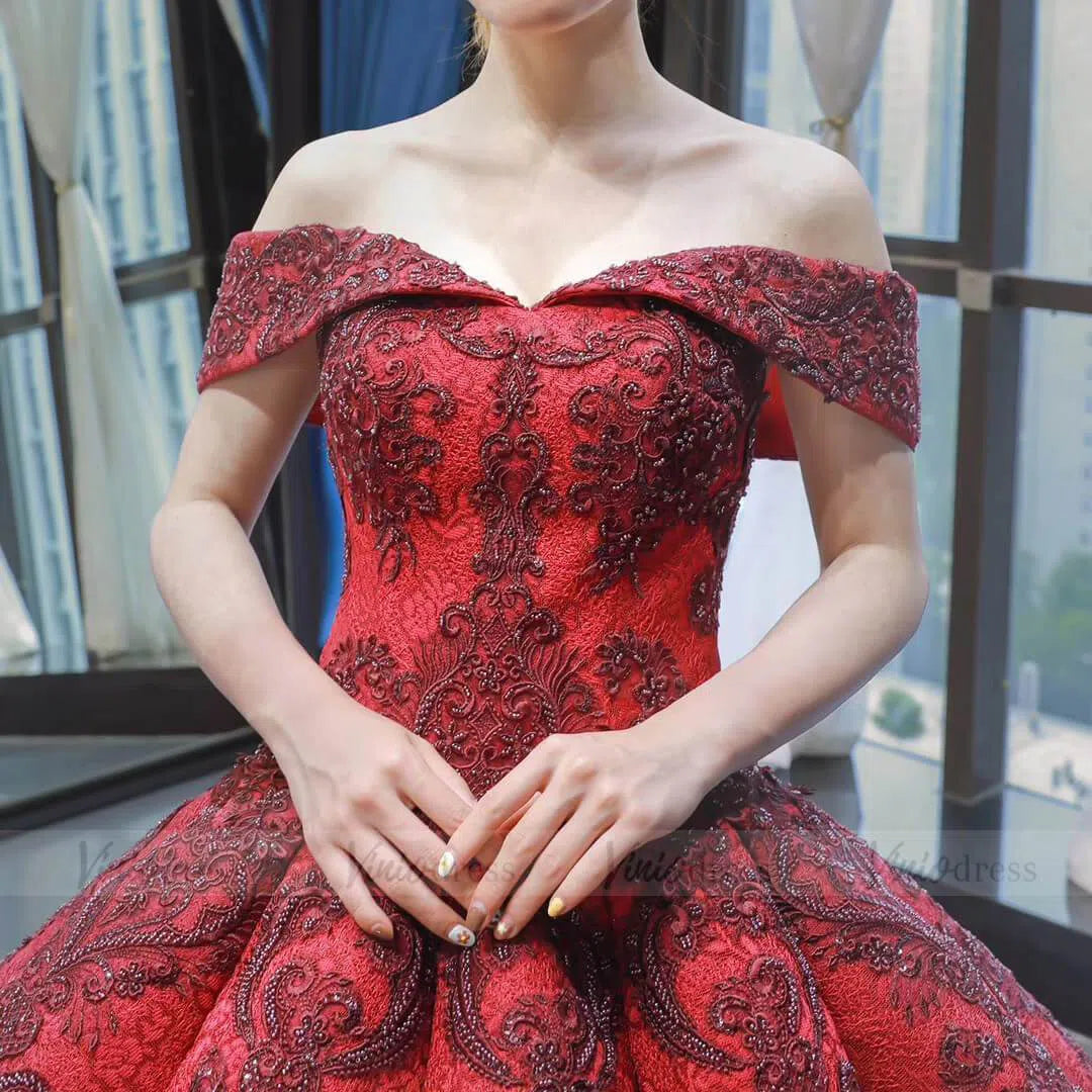 Dark Red Vintage Lace Ball Gown Prom Dresses Online Princess Dress FD1272 viniodress-prom dresses 2025 -Viniodress-Rose Red-Custom Size-