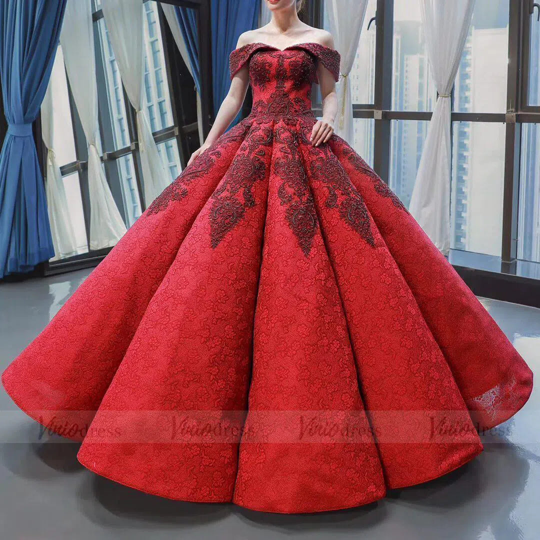 Dark Red Vintage Lace Ball Gown Prom Dresses Online Princess Dress FD1272 viniodress-prom dresses-Viniodress-Viniodress