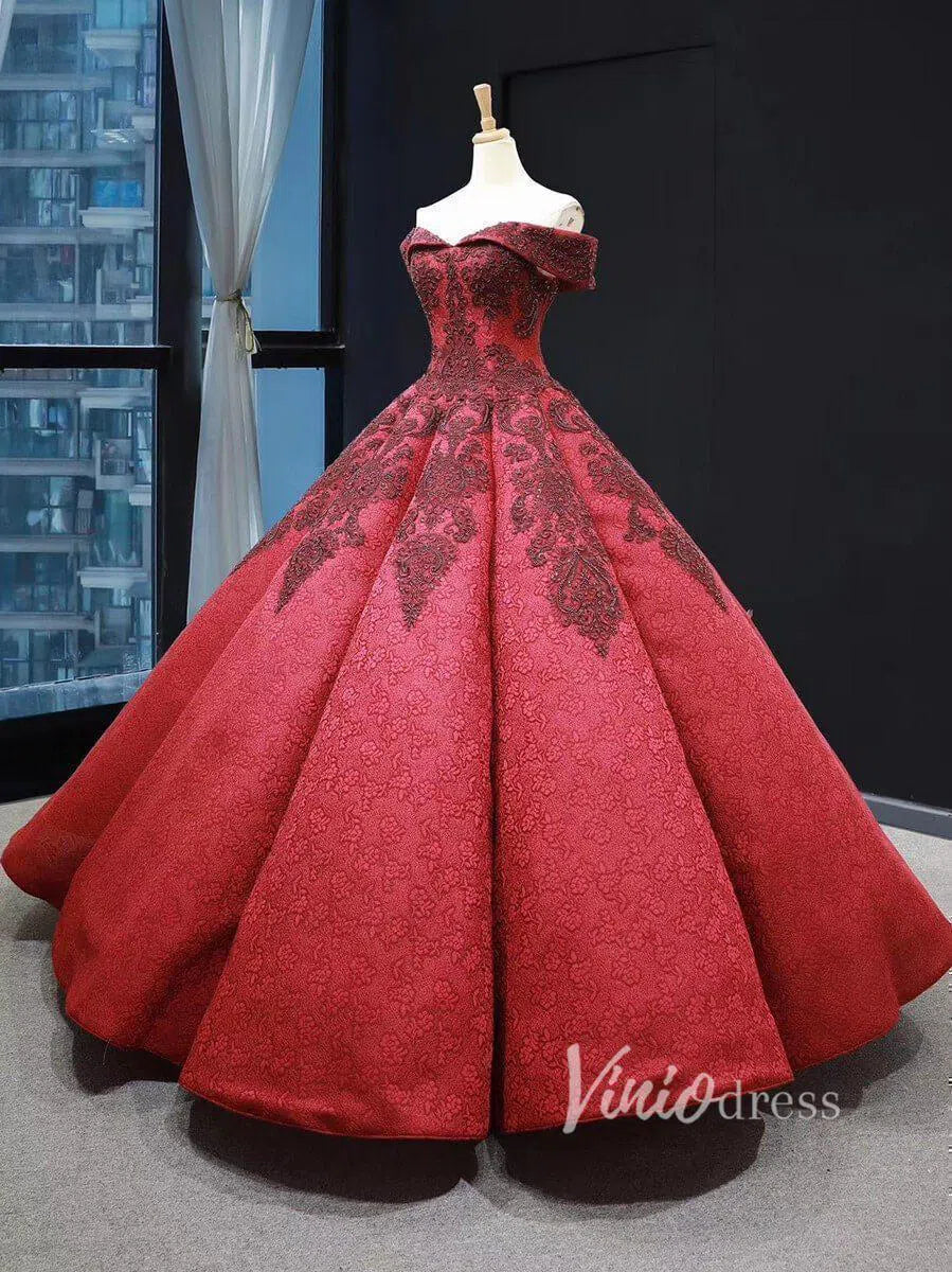 Dark Red Vintage Lace Ball Gown Prom Dresses Online Princess Dress FD1272 viniodress-prom dresses-Viniodress-Viniodress