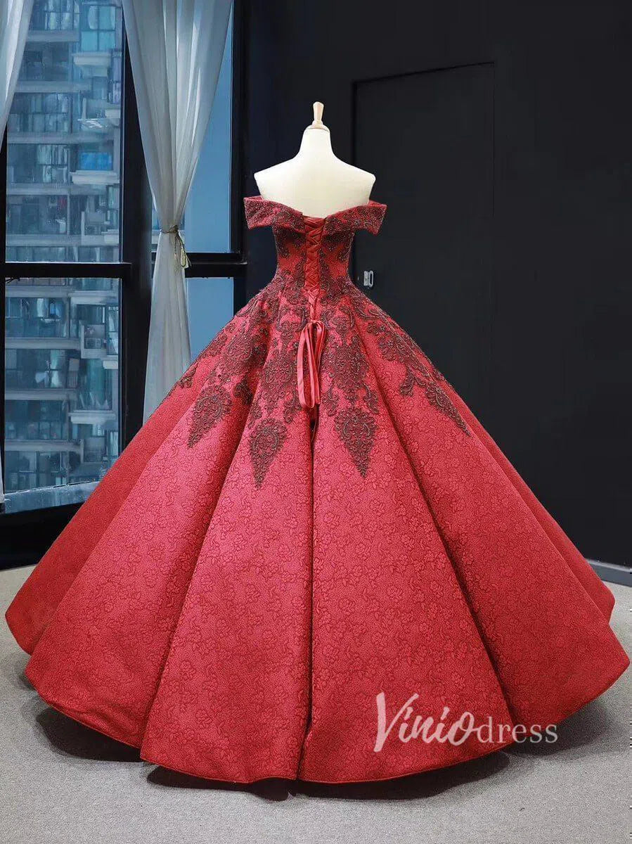 Dark Red Vintage Lace Ball Gown Prom Dresses Online Princess Dress FD1272 viniodress-prom dresses-Viniodress-Viniodress